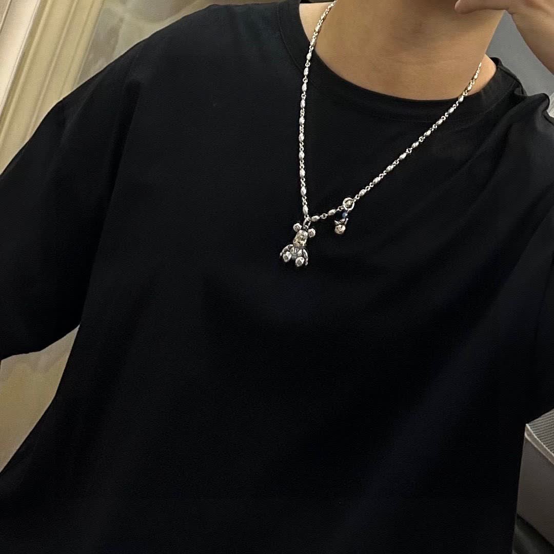 Louis Vuitton Silver Beaded Necklace with Bear Charm